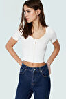 Yazlık Crop Bluz 96%Polyester 4%Elastan Havuz Yaka Fitted Kalıp Mükemmel Uyum