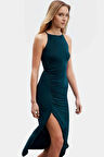 Örme Maxi Elbise Halter Yaka Bodycon Kalıp 130cm Boy Yırtmaçlı Yüksek Kalite