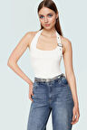 Aksesuar Detaylı Örme Crop Bluz %96 Viskoz %4 Elastan Yazlık Günlük Özenle Seçilmiş