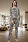 95 Pamuk 5 Elastan Örme Kumaştan Leopar Desenli Pijama Takımı Kış Mevsimi İçin İdeal