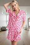 Rahat ve Şık Viskoz Pijama Takımı Kısa Kollu Kiraz Desenli Profesyonel Görünüm Premium Kalite