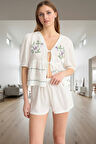 Nakışlı Fiyonklu Viskon Şortlu Pijama Takımı; Yazlık Rahat Homewear Uzun Ömürlü