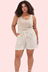 Kadın Yazlık Kısa Şort Büyük Beden Pamuk Dokuma Keten Görünümlü Geniş Paça Günlük Kullanım