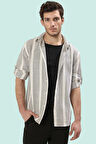 Erkek Günlük Kullanım İçin Etamine Dokulu Çizgili Apaş Yaka Kısa Kollu Gömlek Modern Tasarım