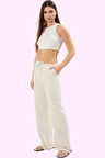 Kadın Dokuma Pantolon Geniş Paça Keten Görünümlü Rahat Yazlık Günlük Yaz Aylarının Vazgeçilmezi