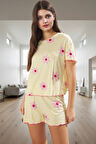 Çiçekli Desenli Rahat Viskoz Pijama Takımı Baby Overlok Detaylı Kısa Kollu Yazlık Özenle Seçilmiş