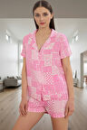 100 Viskoz Etnik Desenli Shally Dokuma Pijama Yazlık Şort ve Gömlek Takımı Trend Tasarım