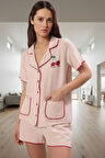 Yazlık Pijama Takımı Crinkle Saten Kumaş ve Kiraz Nakış Detayları Profesyonel Görünüm