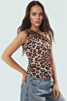 Asimetrik Yaka Kolsuz Bluz %88 Polyester %12 Elastan Çok Leopar Desen Premium Kalite
