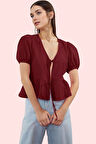 Kadın Şık Gömlek V Yaka Bağlamalı Dokuma Terrycotton Kumaş Günlük Yaz Aylarının Vazgeçilmezi