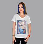 Kadın Ekru Paint Baskılı Özel Tasarım Limited Edition V Yaka Cut Out Detaylı Modal Pamuk T-shirt