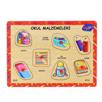 Ahşap Tutmalı Okul Malzemeleri Eğitici Puzzle Oyunu