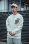 Erkek 3 iplik pamuklu Bisiklet Yaka Baskılı SweatShirt - Beyaz