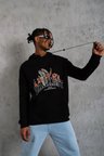 Erkek Kapüşonlu Kanguru Cepli Sweatshirt 3 İplik Pamuklu Baskılı Hoodie - Siyah