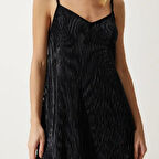 Kadın Fitilli Siyah  Kadife Mini Elbise