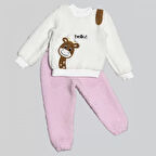 1-2-3 Yaş Hello Zürafa Nakışlı Kuzu Kumaş Sweat Pantolon Uzun Kollu Kız Erkek 2 Li Takımı Pembe
