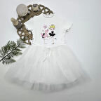 5-6-7 Yaş Flamingo Balerin Kız Baskılı Kurdela Kuşaklı Astarlı Kız Çocuk Tütü Elbise Beyaz