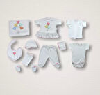 Kalpli Uçan Balon Nakışlı  10lu Zıbın Takımı Hastane Çıkışı Ekru