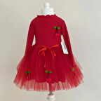 5-6-7 Yaş Kiraz Desenli Kurdela Kuşaklı Astarlı Uzun Kollu Kız Çocuk Tütü Elbise Kırmızı