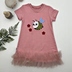 1-2-3 Yaş Arıcık Nakışlı Eteği Fırfırlı Jile Kız Çocuk Elbisesi Gül Kurusu