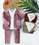 2-3-4-5 Yaş Düğme Kapamalı Fırfır Gömlekli Kadife Ceket Pantolon 3lü Kız Bebek Takımı Bej