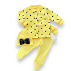 3-6-9-12 Ay Puantiyeli Şapkalı Çıtçıt Kapamalı Patikli 3lü Kız Bebek Takımı Sarı