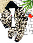 2-3-4-5 Yaş Kapşonlu Leopar Desenli Sweatli 3lü Kız Çocuk Takımı Kahverengi