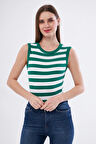 YEŞİL BEYAZ Kadın Çizgili Fitlilli Likralı Pamuklu Bisiklet Yaka Kolsuz Tshirt Atlet