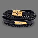 Dikkat Çekici 14 Ayar Altın Plakalı, Dikdörtgen Motifli ve Siyah Deri Örgülü Fırat Bilekliği