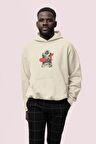 Flower Baskılı Bej Erkek Kapüşonlu 3 iplik Şardonlu Ribanalı Sweatshirt Hoodie