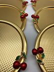 6'lı Kirazlı Yuvarlak Gold Çay ve Kahve Sunum Tepsisi, Dekoratif Servis Tepsisi 22cm Tek Kişilik