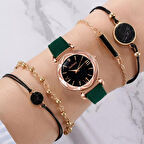 Gogoey Kadın Kol Saati Lüks Moda Şık Trend Set Saat Yeşil Renk + 4 Adet Bileklik