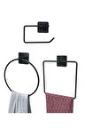 siyah metal yapışkanlı 3'lü set kare ve yuvarlak havluluk - tuvalet kağıtlığı