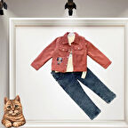 3-4-5 Yaş Fitilli Kadife Ceket Kot Pantolonlu 3lü Kız Erkek Çocuk Takımı Gül Kurusu