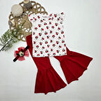1-2-3-4 Yaş Mickey Baskılı Bandanalı Tişört İspanyol Paçalı Likralı 3lü Kız Çocuk Takımı Kırmızı