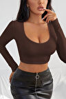 Kadın Kahverengi Uzun Kol Kare Yaka Crop Top Bluz