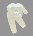 1-2-3 Yaş Ponponlu Zürafa Desenli Kuzu Kumaş Uzun Kollu 2li Kız Erkek Çocuk Takımı Bej