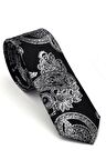 Füme Gri Şal Desenli Siyah Dokuma Kumaş Mendilli Slim Fit Kravat  // SDK-240114