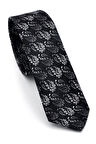 Beyaz ve Füme Şal Desenli Siyah Dokuma Kumaş Mendilli Slim Fit Kravat // SDK-240806