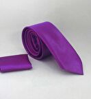 Mor Slim Fit (ince) Düz Renk Mendilli Saten Kravat - SS-20