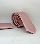 Pudra Pembe Slim Fit (ince) Düz Renk Mendilli Saten Kravat - SS-39