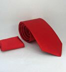 Kırmızı Klasik Düz Renk Mendilli Saten Kravat - KS-02