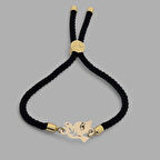 Özel İşçilikli Siyah Örgü Detaylı ve 14 Ayar Altın Plakalı Kuş Motifli Ğ Harfi Bilekliği