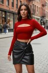 Kadın Kırmızı Uzun Kollu Dekolteli Modern Cut-out Crop Bluz
