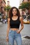 Kadın Siyah Modern Fit Kare Yaka Crop Top Bluz