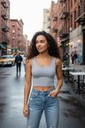 Kadın Gri Modern Fit Kare Yaka Crop Top Bluz