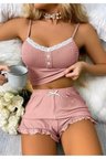 Kadın Pudra Dantel Detaylı Şortlu Gecelik Pijama Takımı