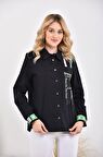 Baskılı ve Taşlı Şeritli Kol Ağzı Lastikli Kadın Siyah Gömlek