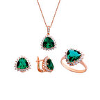 Harem Altın Üçgen Zümrüt Rengi Taşlı Anturaj Gümüş Set  GMS163