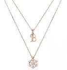 Harfli Kar Tanesi Çift Zincirli Gümüş Rose Kolye GMS1870